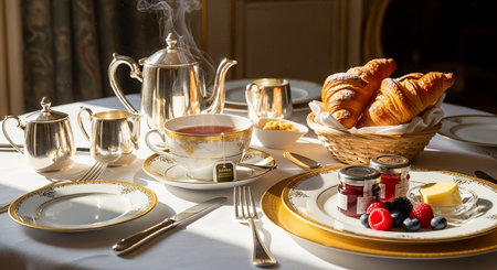 Breakfast with tea, croissants and jam in a basketの素材