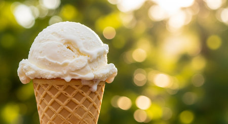 Vanilla Ice Cream in Waffle Cone on Blurred Backgroundの素材
