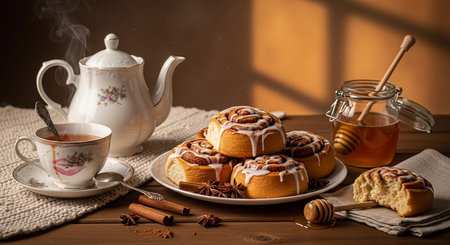 Cinnamon rolls with sugar glaze and cup of tea on wooden tableの素材