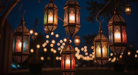 Hanging decorative lanterns in the night. Ramadan Kareem backgroundの素材