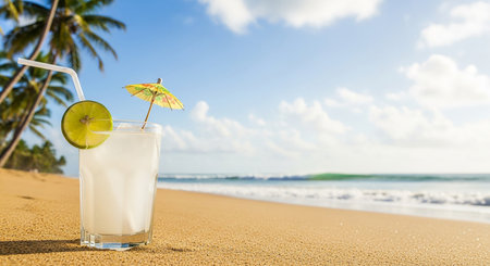 Cocktail on the beach with palm tree and sea background.の素材