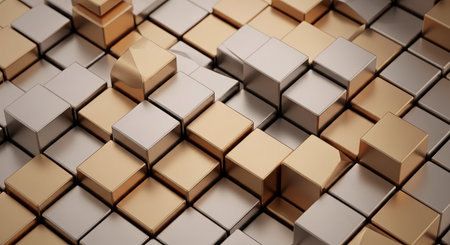Abstract 3d rendering of golden cubes background. Reflective surface.の素材