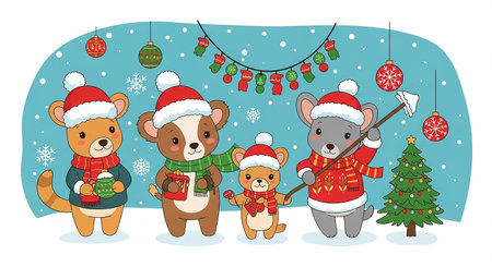 Christmas card with cute cartoon animals in red hats and scarves.の素材