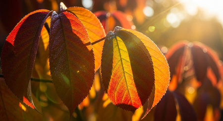 Colorful autumn leaves in sunlight, close-up. Natural background.の素材