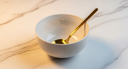 White bowl with golden spoon on white marble table, shallow depth of fieldの素材