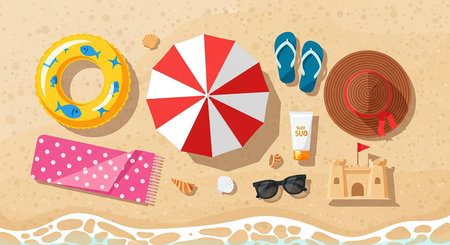 Beach vacation set. Vector illustration in flat cartoon style. Sand, sunbeds, umbrellas, sunglasses, flip flops.の素材