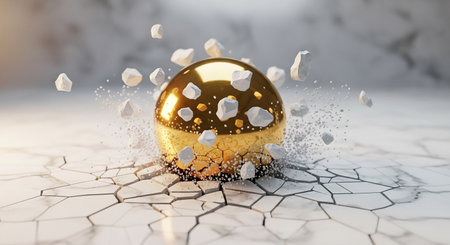 3d rendering of golden sphere with white particles on cracked ground backgroundの素材