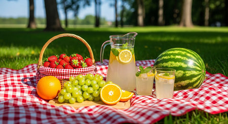 Summer picnic in the park with fruits and juice on a green grassの素材