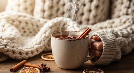 Female hands holding cup of hot chocolate with spices on wooden table, closeupの素材