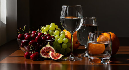 Glasses of red and white wine, fruits and berries on dark backgroundの素材
