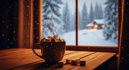Cup of hot chocolate with marshmallows on the background of winter landscapeの素材