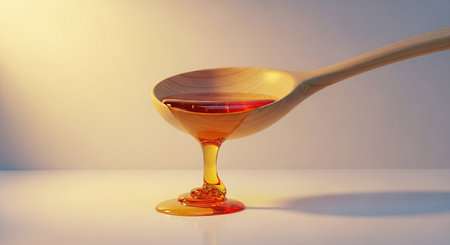 Honey dripping from a wooden spoon into a glass bowl on a white backgroundの素材