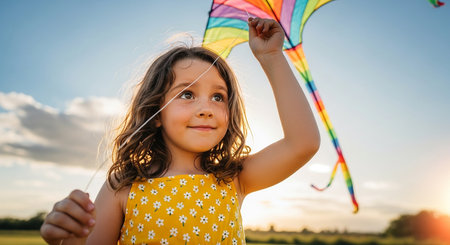 Cute little girl with a kite in the field at sunsetの素材