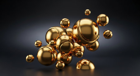 Abstract gold spheres on black background. 3d render illustration with copy spaceの素材
