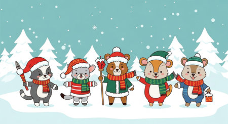Merry Christmas and Happy New Year greeting card. Cartoon characters of forest animals.の素材