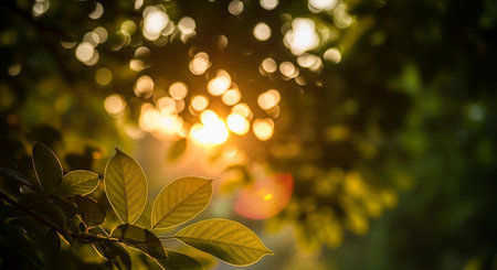 Green leaves on blurred nature background with bokeh light and sun lightの素材