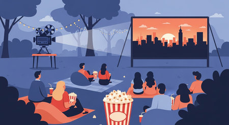 Cinema and movie festival concept. People watching movie in park. Vector illustrationの素材