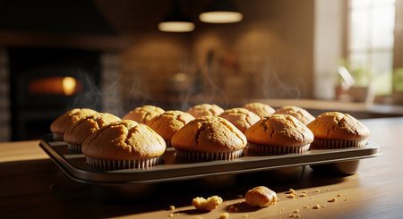 Delicious muffins in baking tray on table in kitchen, closeupの素材