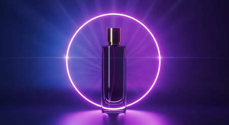 Perfume bottle mockup on purple background. 3D renderingの素材