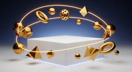 3d rendering abstract geometric forms. Glossy golden luxury podium for product presentation.の素材
