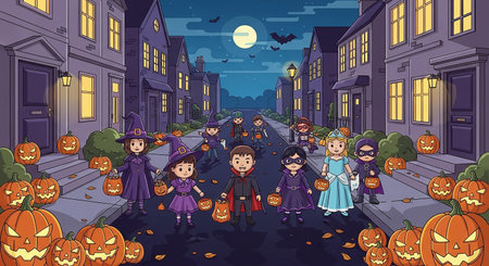 Halloween scene with children in costumes in the city. Vector illustration.の素材