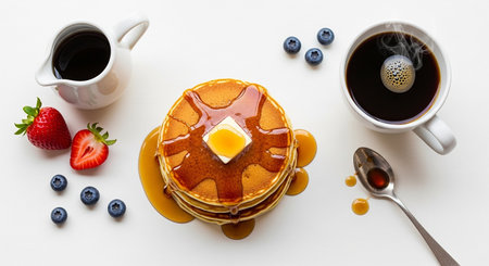 Pancakes with honey, strawberries and blueberries on a white backgroundの素材
