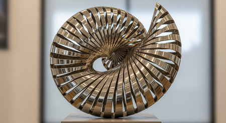 3d illustration of a spiral shape made of metal in a museumの素材