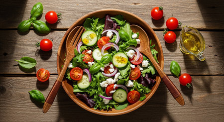 Fresh vegetable salad with feta cheese and cherry tomatoes on wooden backgroundの素材