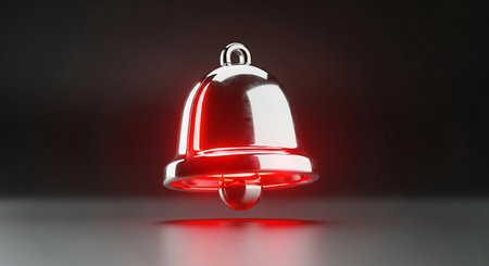 3d render of red christmas bell on dark background with reflectionの素材