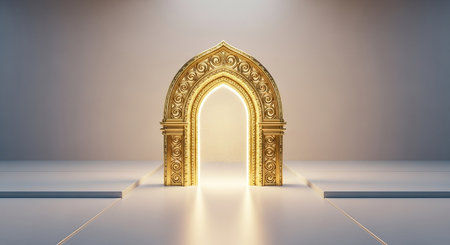 3D rendering of a golden arch in a room with white wallsの素材