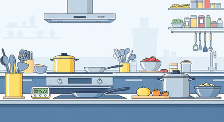 Kitchen interior with equipment. Vector illustration in flat design style.の素材