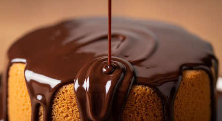 Chocolate cake with a drizzled chocolate on a brown backgroundの素材