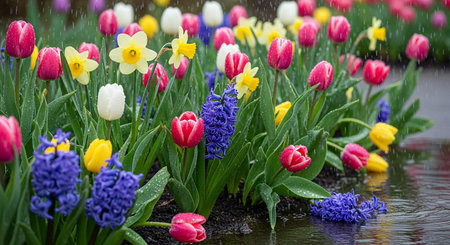 Colorful tulips and hyacinths in the rain.の素材