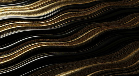 3d illustration of abstract gold and black wavy stripes background.の素材
