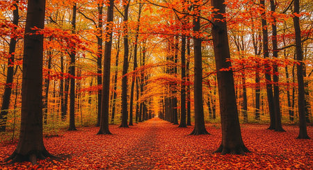 Autumn forest landscape with a path in the middle of the forestの素材