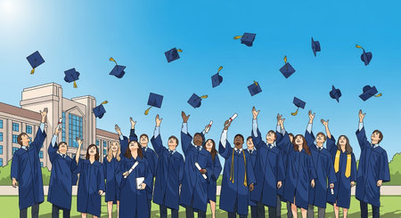 Graduates with diplomas in the background of the university. Vector illustration.の素材