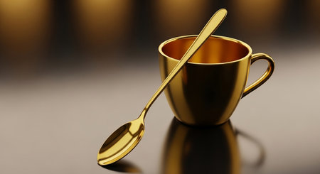 Coffee cup and spoon on a reflective surface. 3d renderingの素材