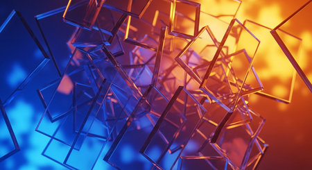Abstract 3d rendering of chaotic geometric shapes. Reflective surface with glowing particles. 3D render illustrationの素材