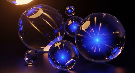 abstract 3d illustration of crystal balls with blue light on black backgroundの素材