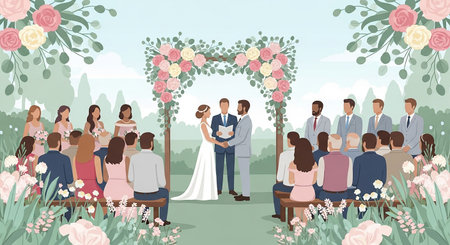 Wedding Ceremony Illustration with Bride and Groom in Parkの素材