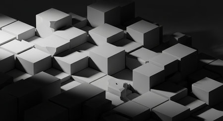 Abstract 3d rendering of chaotic geometric shapes. Reflective surface with black and white cubes.の素材