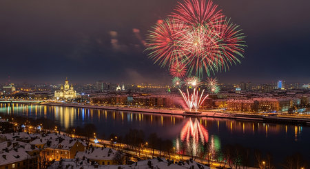 Panoramic view of Vilnius during New Year celebration, Lithuaniaの素材