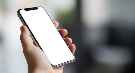 Mockup image of a hand holding white smart phone with blank screenの素材