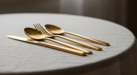 golden cutlery on a white tablecloth with copy spaceの素材
