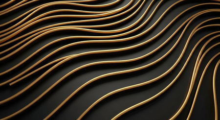 Abstract 3d rendering of wavy gold lines on black background.の素材