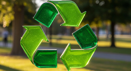 Recycling sign in the park. Green recycle symbol. 3d renderingの素材