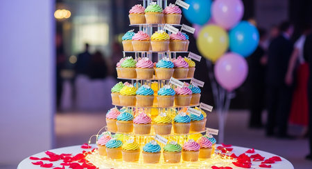 Colorful cupcakes on a cake stand at a wedding party.の素材