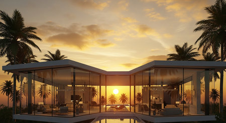 3d render of a modern villa with palm trees and sunsetの素材