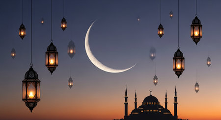 Ramadan Kareem background with mosque, lanterns and crescent moonの素材