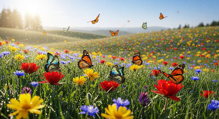 Butterflies flying over meadow full of colorful flowers in summerの素材